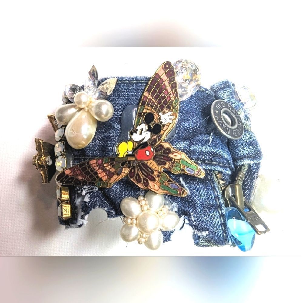 Wendy Gell denim wristy cuff Mickey on a butterfly jewels and pearls zipper .